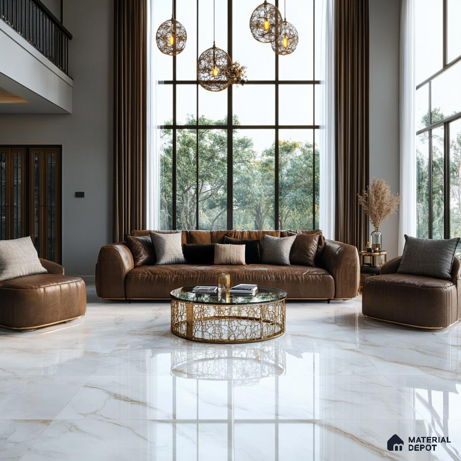 Modern Living Room with Leather Sofa and Glass Pendant Lighting | Material Depot