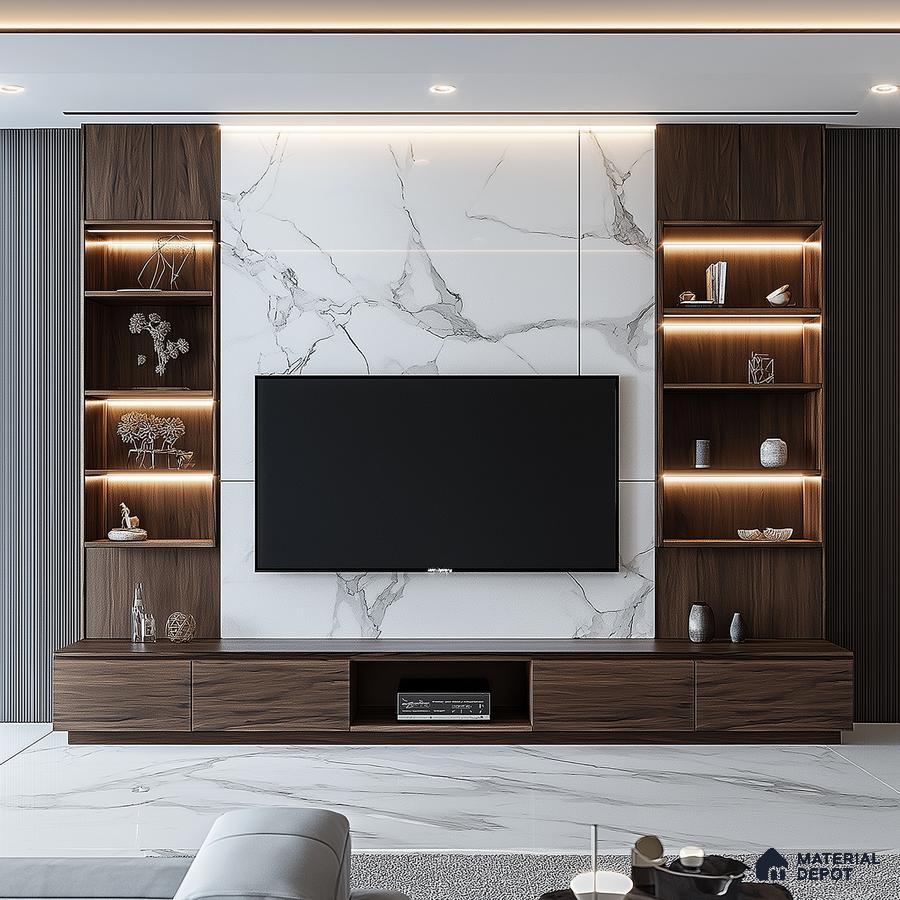 Modern Living Room with Marble Feature Wall and Wood Accents | Material Depot