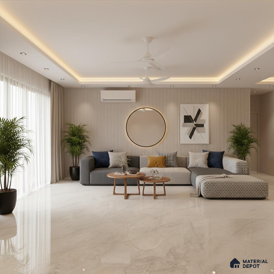 Modern living room with marble floor tiles and beige fluted wall panels in Bengaluru