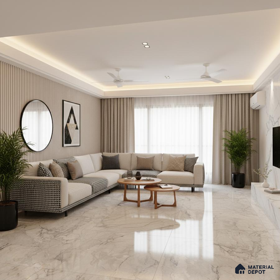 Modern living room with marble floor tiles, beige fluted wall panels, and neutral upholstery in Bengaluru