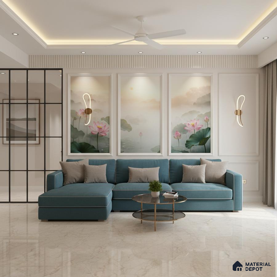 Modern living room with marble floor tiles, chinoiserie floral wallpaper, and teal sectional sofa in Bengaluru