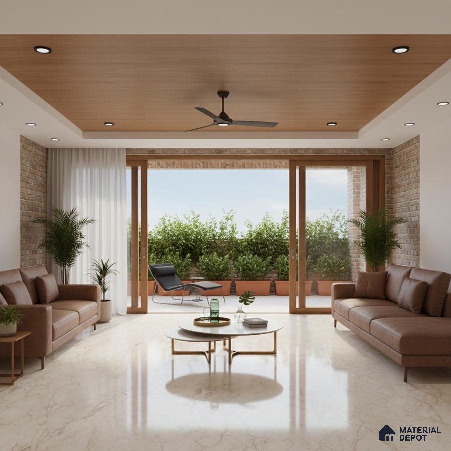 Modern living room with marble floor, wood ceiling panel, and exposed brick accent walls in Bengaluru