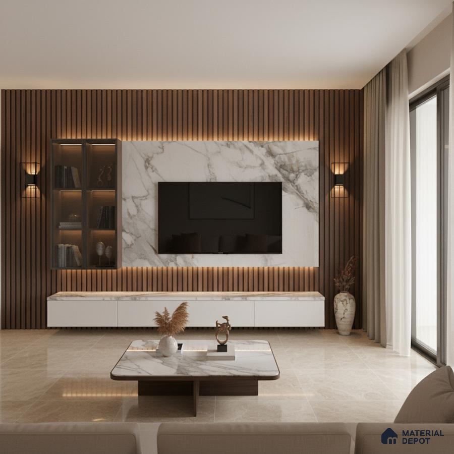 Modern living room with marble laminate TV unit, wooden fluted wall panels, and beige marble floor tiles in Bengaluru