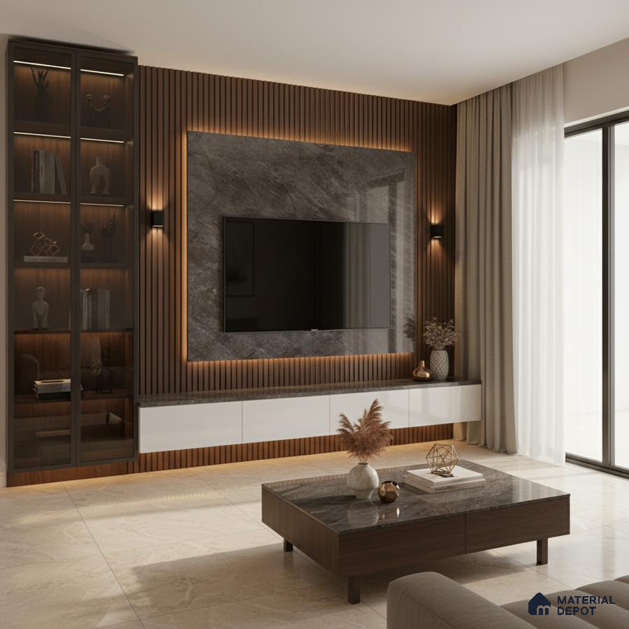 Modern living room with white marble laminate TV wall, beige matte cabinets, and wooden louver accent in Bengaluru