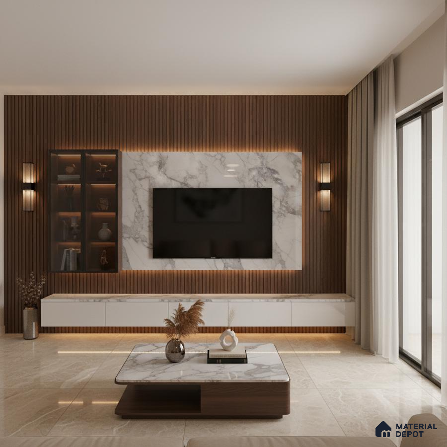Modern living room with white marble laminate TV unit, walnut wood louvers, and beige marble floor tiles in Bengaluru