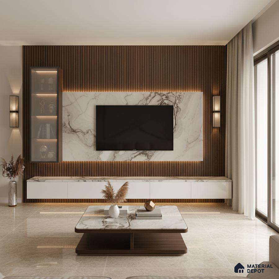 Modern living room with marble laminate TV unit, wooden fluted wall panels, and beige marble floor tiles in Bengaluru