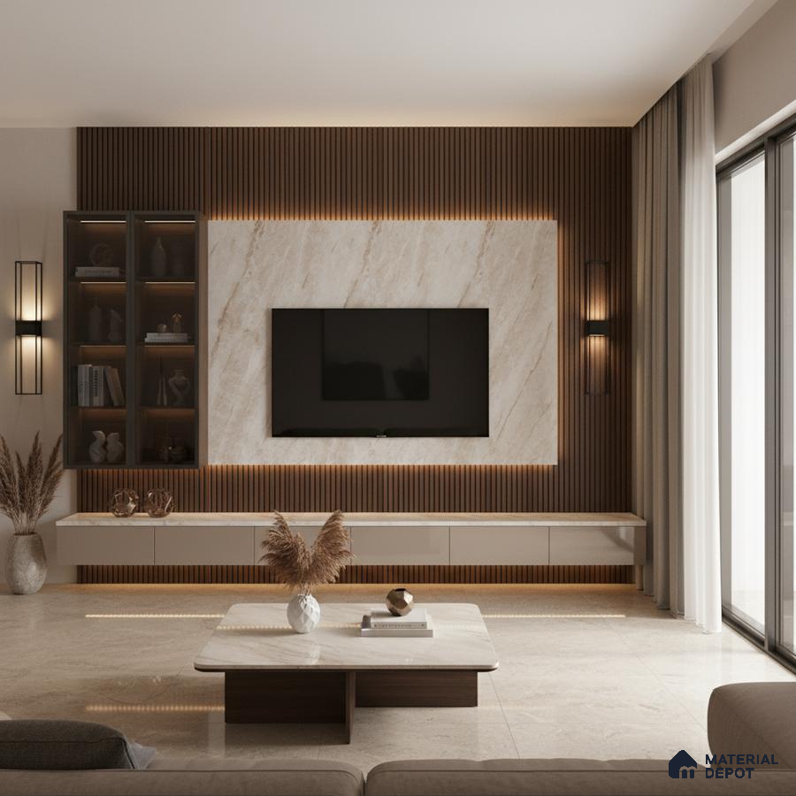 Modern living room with white marble laminate TV unit, walnut wood louvers, and beige marble floor tiles in Bengaluru
