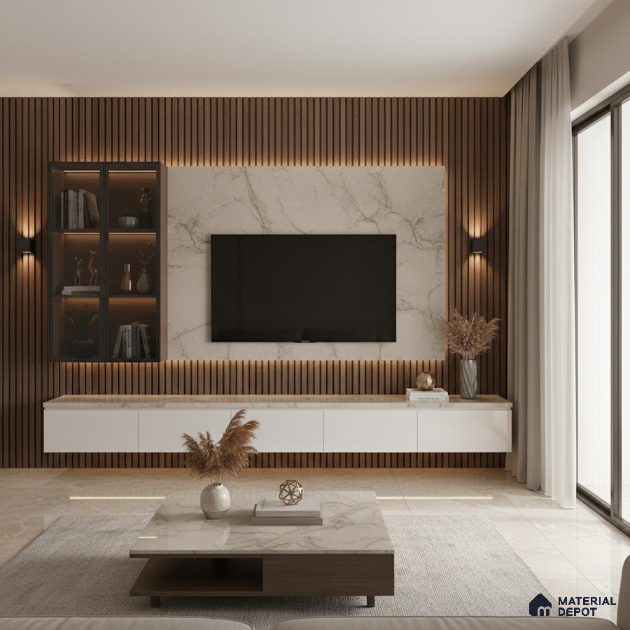 Modern living room with white marble laminate TV wall, walnut wood louvers, and beige tile flooring in Bengaluru