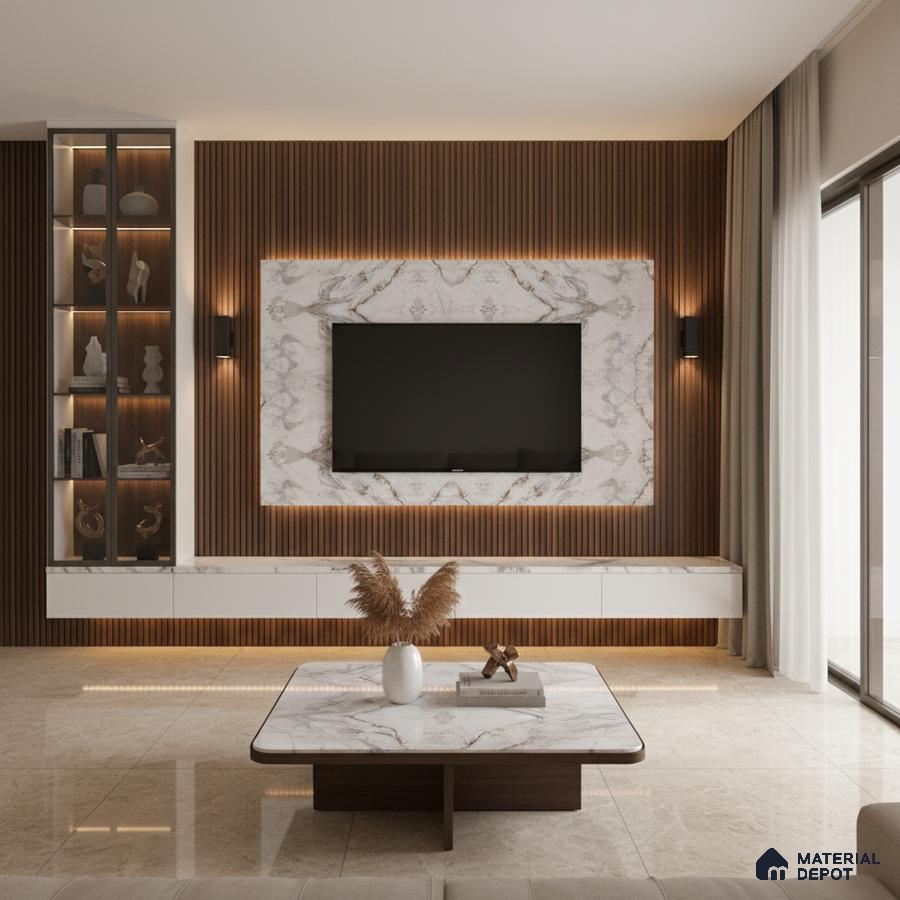 Modern living room with white marble laminate TV unit, walnut brown wooden louvers, and marble coffee table in Bengaluru