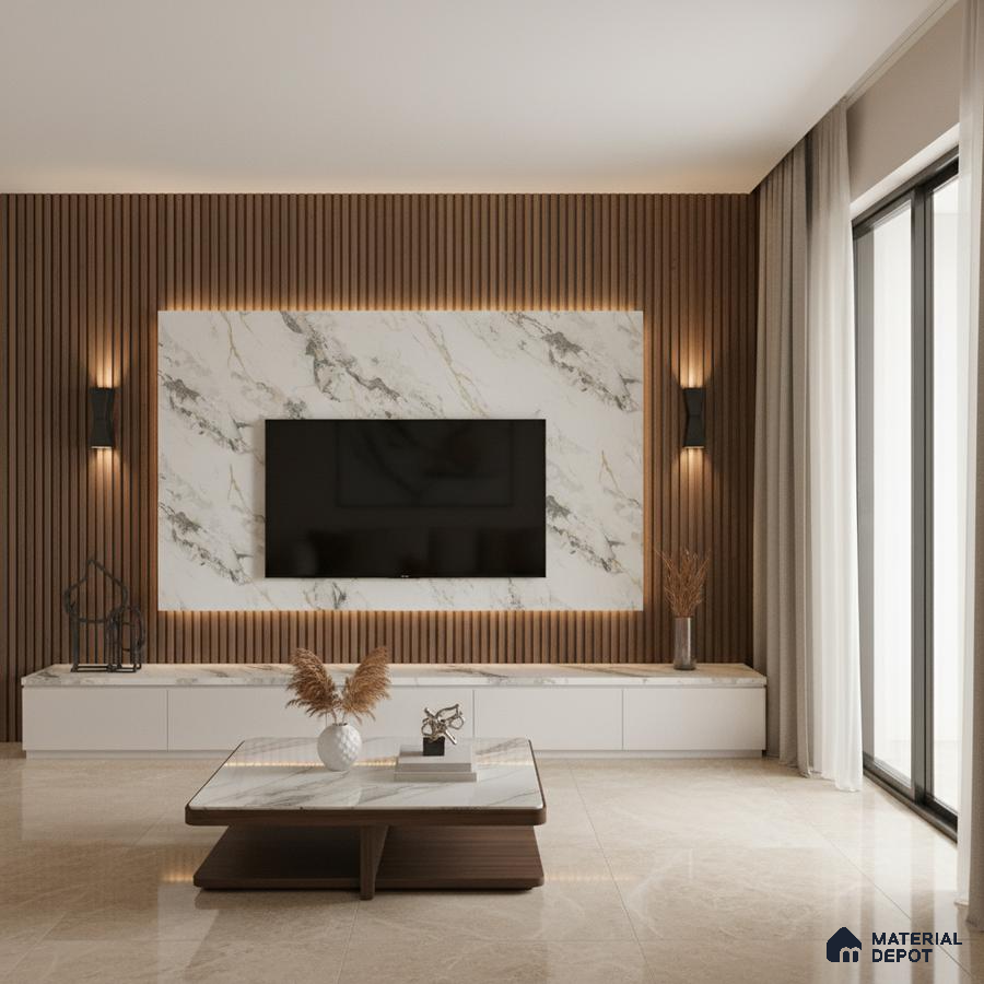 Modern living room with marble-look laminate TV wall, walnut wood louvers, and beige floor tiles in Bengaluru