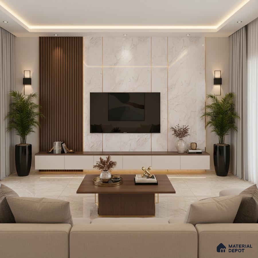 Modern living room with grey stone cladding, walnut wood louvers, and floating TV unit in Bengaluru