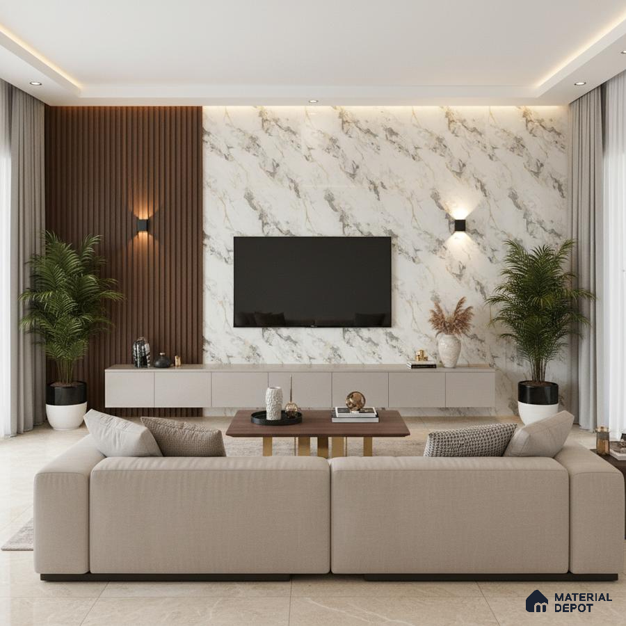 Modern living room with brown marble laminate TV wall, beige marble floor tiles, and wooden louver accent in Bengaluru
