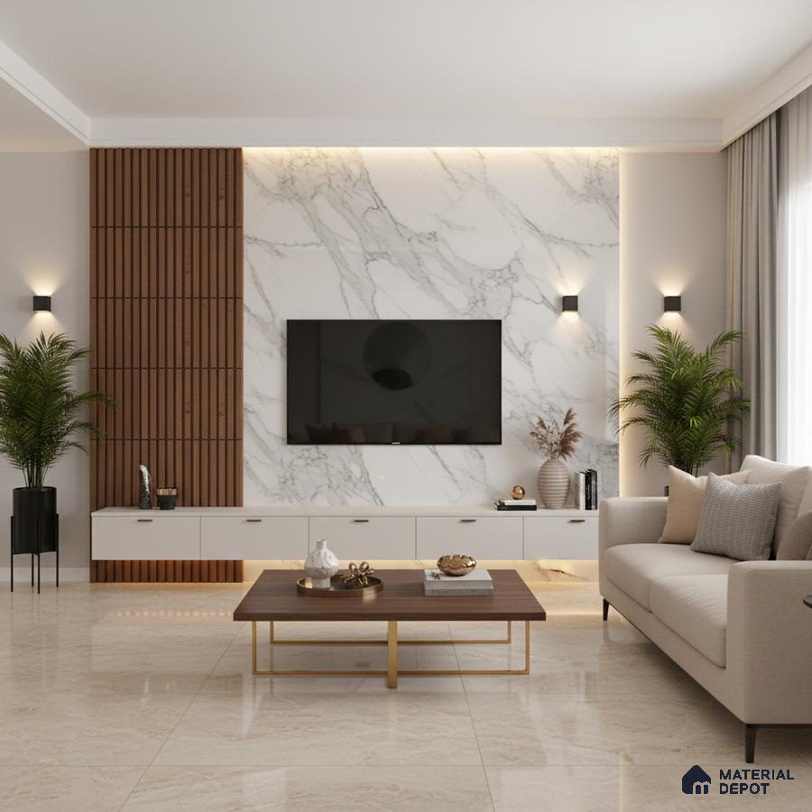 Modern TV unit with white marble laminate, walnut wood louvers, and marble floor tile in Bengaluru