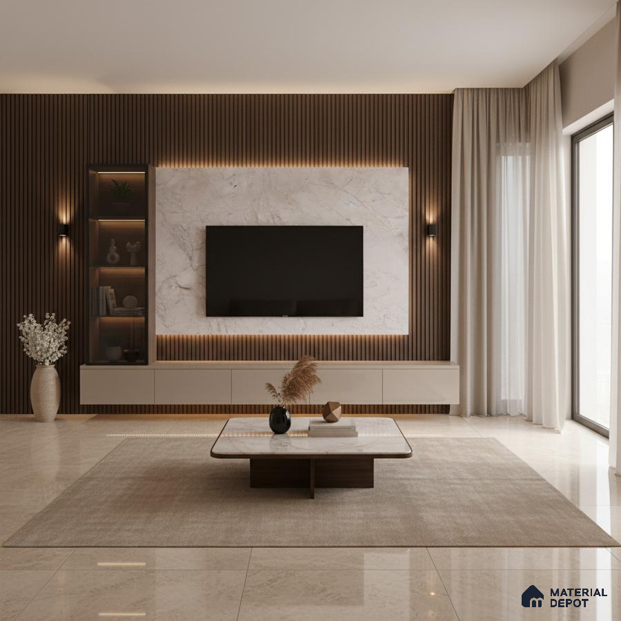 Modern living room with white marble laminate TV wall, wooden louvers, and beige floor tiles in Bengaluru