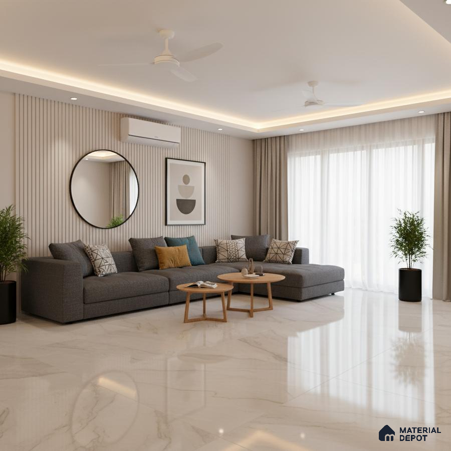 Modern living room with marble-look floor tiles and fluted wall panels in Bengaluru