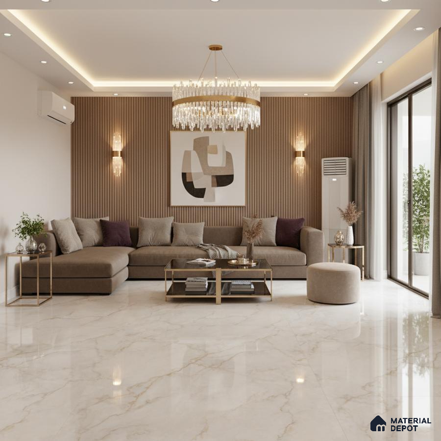Modern living room with marble-look floor tiles and vertical wood fluted wall panels in Bengaluru