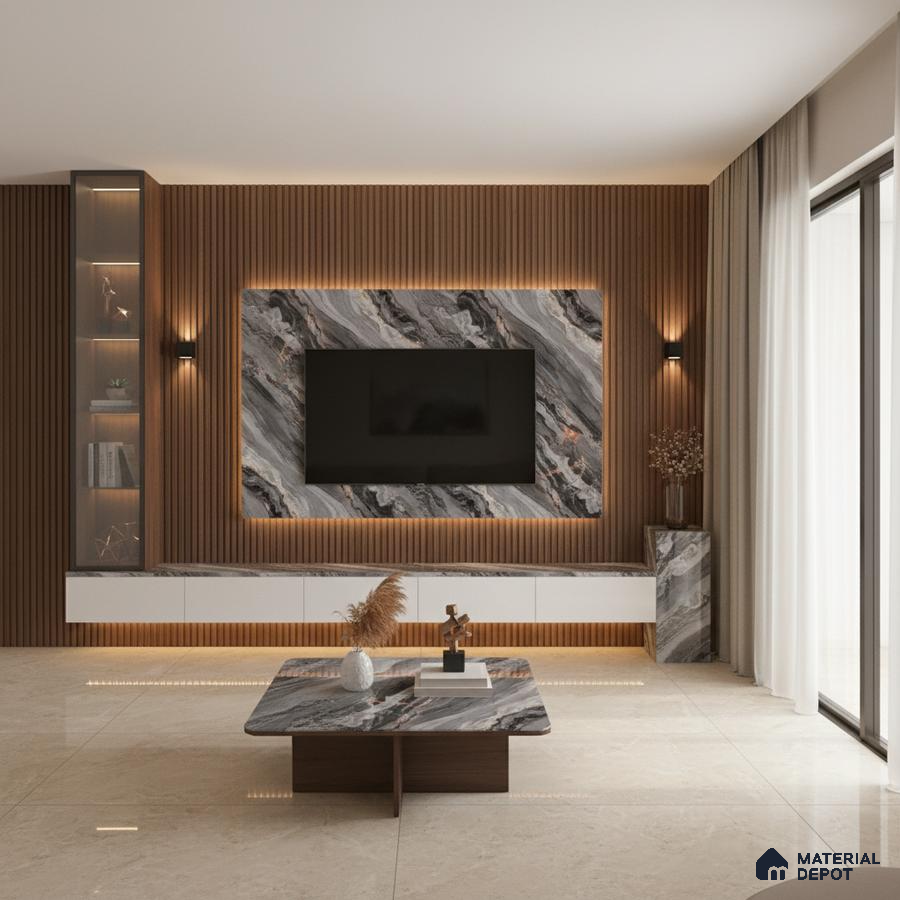 Modern living room with walnut wood louvers, grey textured stone TV wall, and beige marble floor tiles in Bengaluru