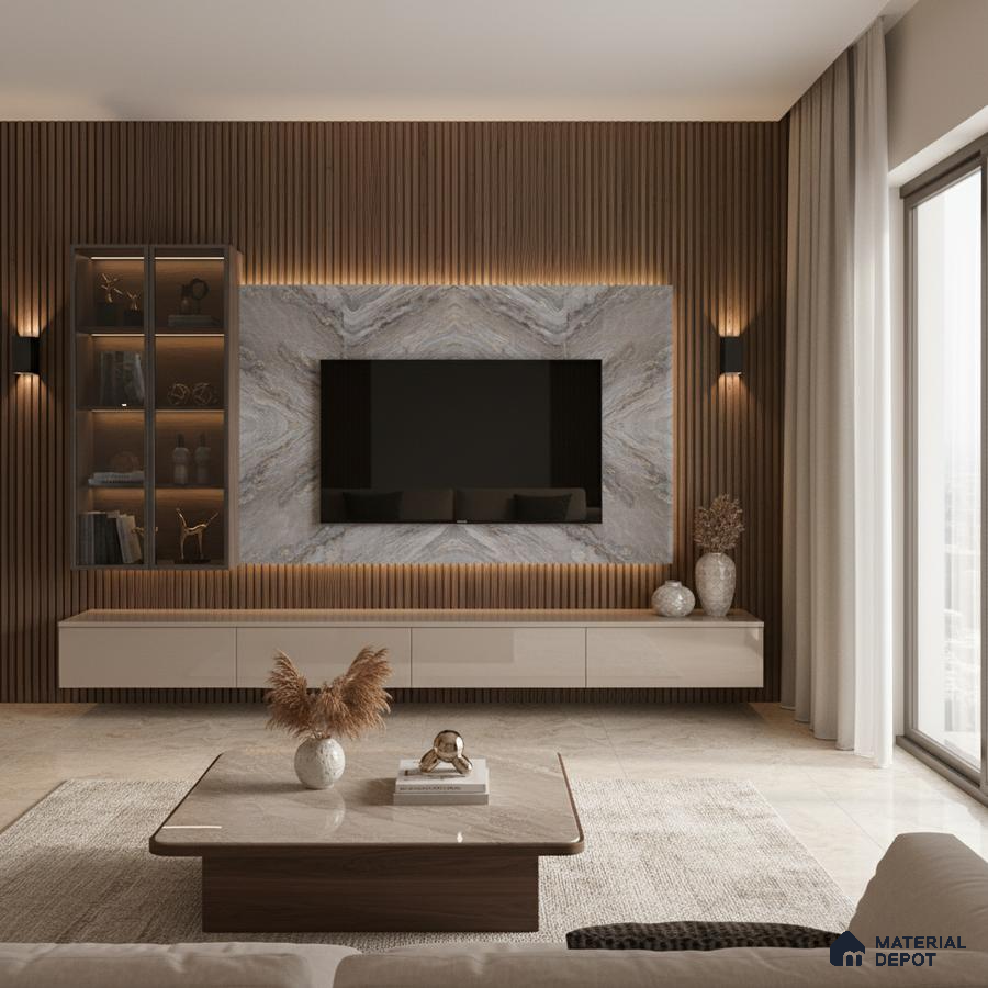 Modern living room with white marble laminate TV wall, beige marble floor tiles, and wooden louver accent in Bengaluru