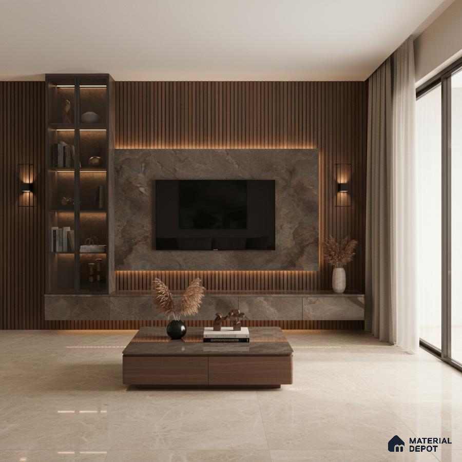 Modern living room with white marble laminate TV wall, walnut wood louvers, and beige marble floor tiles in Bengaluru