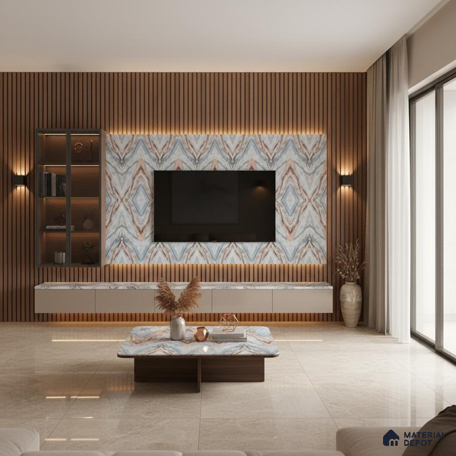Modern TV unit with white marble laminate, walnut brown fluted panels, and floating cabinet in Bengaluru