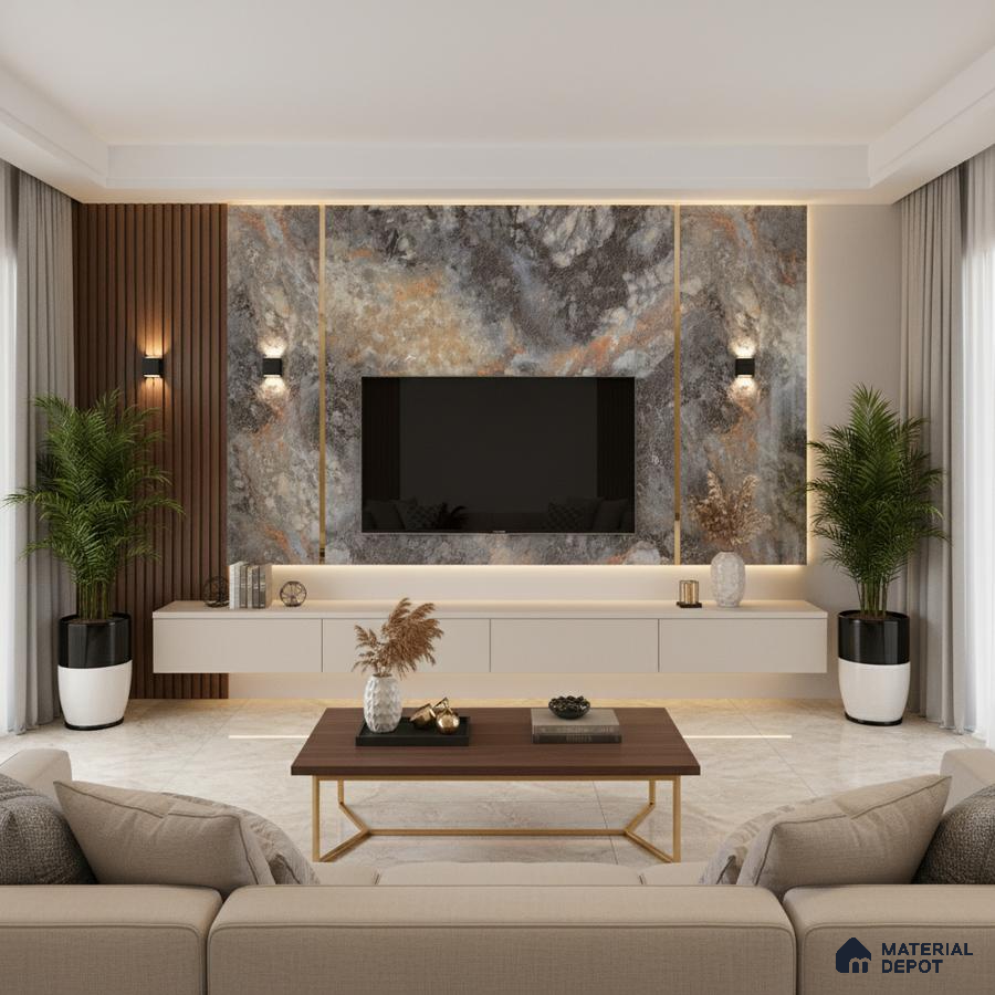 Modern living room with grey marble laminate TV wall, wooden fluted panels, and beige marble floor tiles in Bengaluru