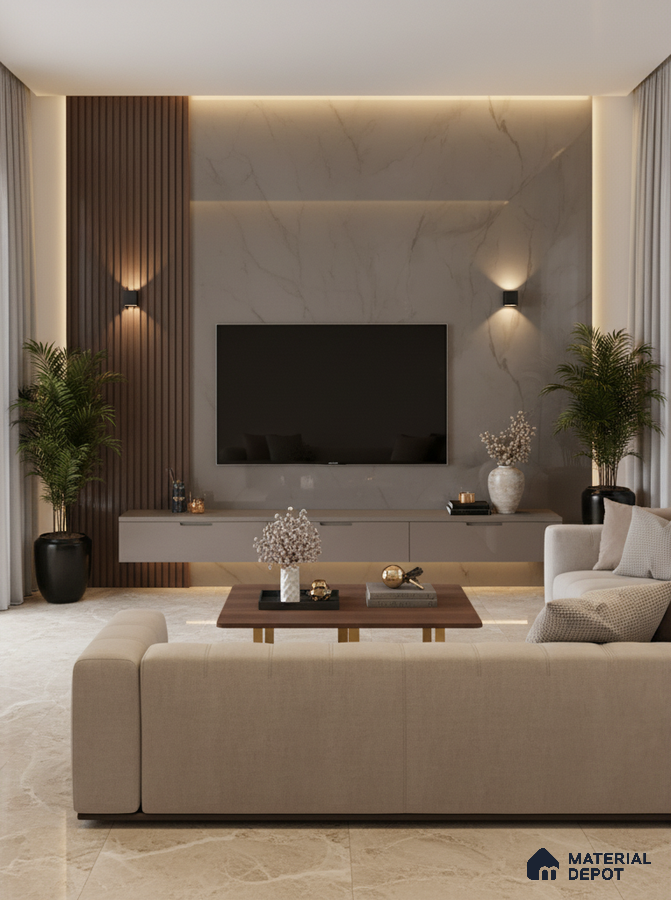 Modern living room with black marble laminate TV wall, walnut wood louvers, and beige floor tiles in Bengaluru