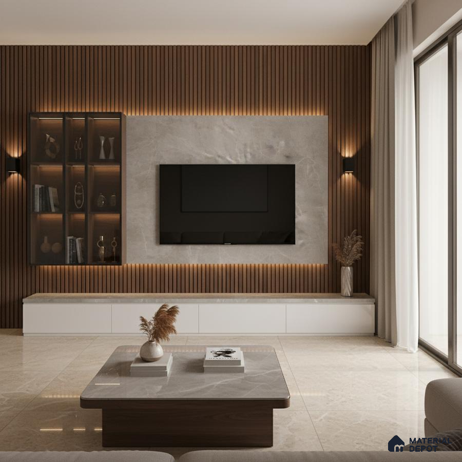Modern living room with marble laminate TV unit, walnut wood louvers, and beige marble floor tiles in Bengaluru