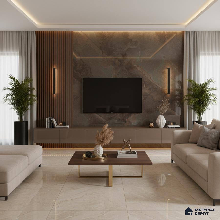 Modern living room with white marble laminate TV unit, walnut brown fluted wall panels, and beige marble floor tiles in Bengaluru