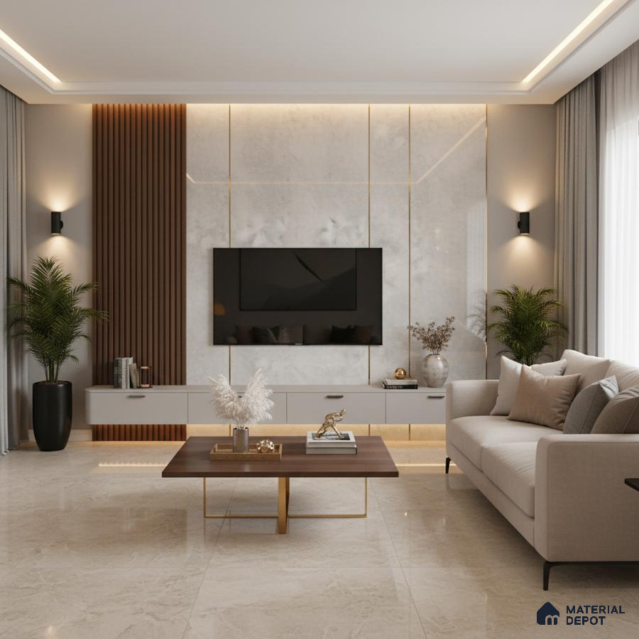 Modern living room with black marble laminate TV unit, walnut wood fluted panels, and beige marble floor tiles in Bengaluru
