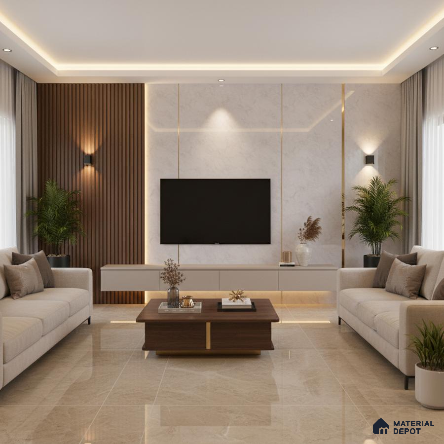 Modern living room with marble-look wall panels, beige marble floor tiles, and wooden vertical louvers in Bengaluru