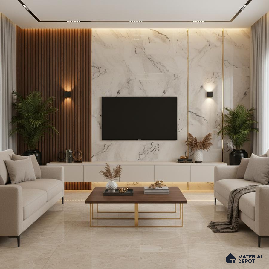 Modern living room with white marble laminate TV unit, walnut wood louvers, and beige marble floor tiles in Bengaluru