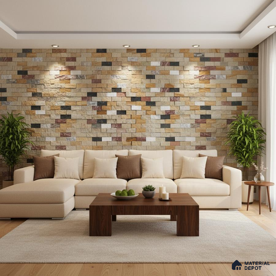 Modern living room with multicolor stone cladding accent wall and beige upholstery in Bengaluru
