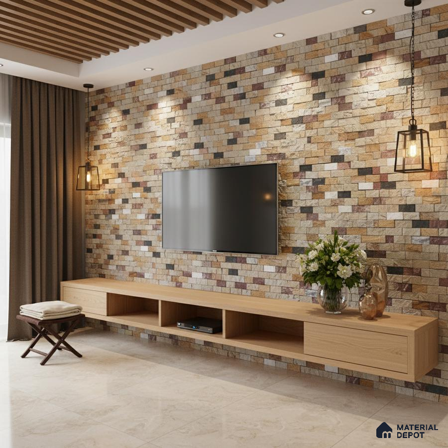 Modern living room with multicolor stone cladding accent wall and light oak laminate TV unit in Bengaluru