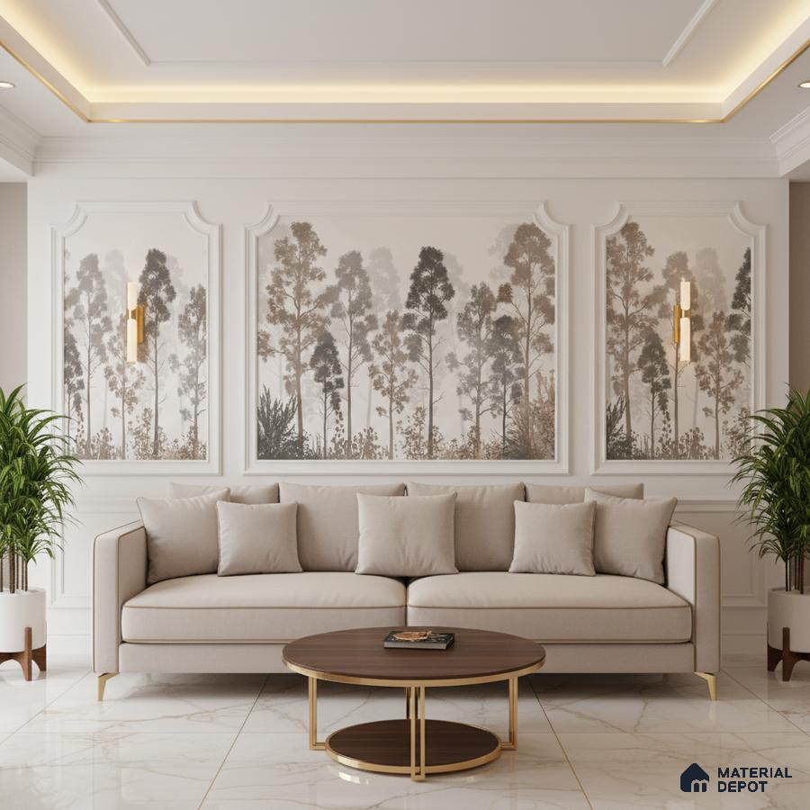 Modern living room with nature wallpaper panels, beige sofa, and white marble floor tiles in Bengaluru