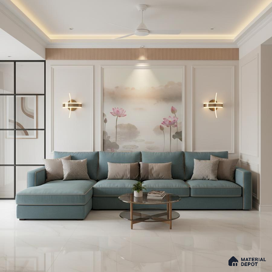 Modern living room with pastel blue sofa, chinoiserie wallpaper, and white marble floor tile in Bengaluru