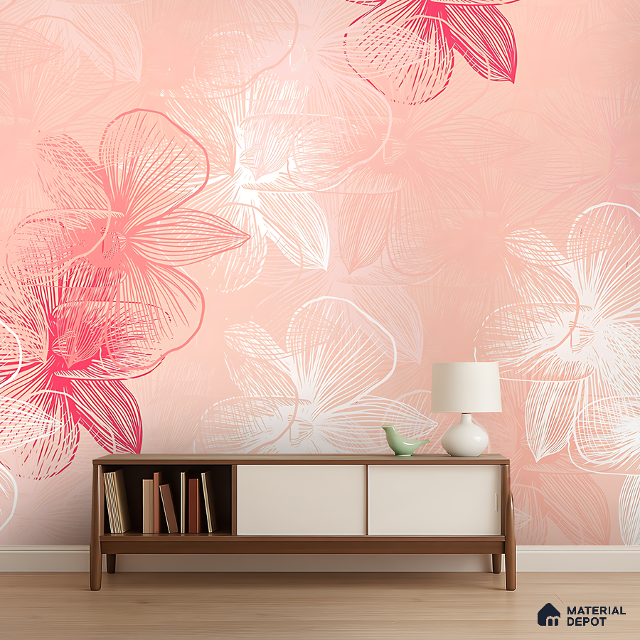 Modern living room with pink floral wallpaper and wooden console in Bengaluru