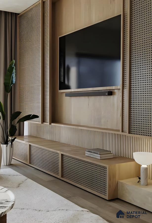 Modern TV Unit with Rattan-Paneled Accent Wall | Material Depot