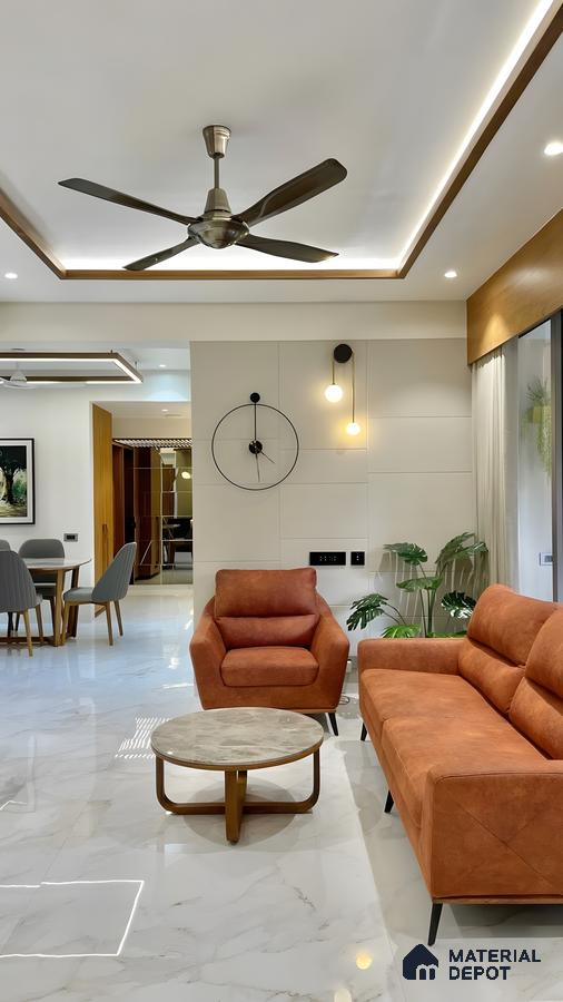 Modern Living Room with Sleek Marble Flooring and Orange Accents | Material Depot