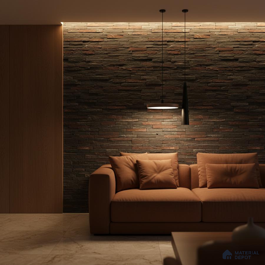 Modern living room with stacked stone cladding accent wall and beige marble floor tile in Bengaluru