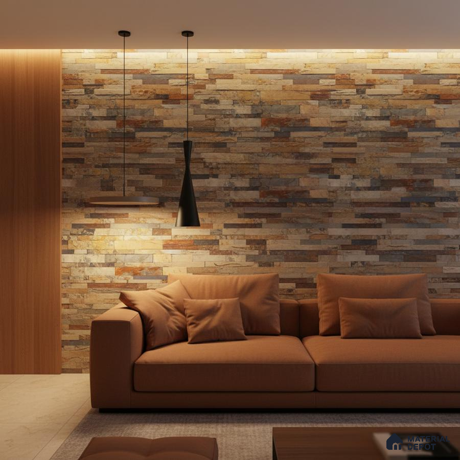 Modern living room with stacked stone cladding accent wall and warm brown upholstery in Bengaluru