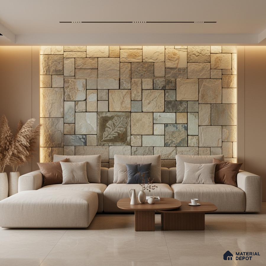Modern living room with stone cladding accent wall and beige marble floor tiles in Bengaluru