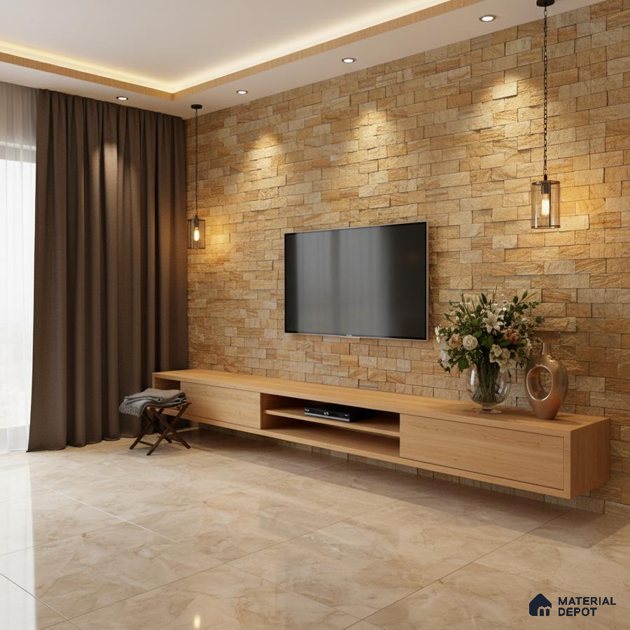 Modern living room with stone cladding accent wall and light oak laminate TV unit in Bengaluru