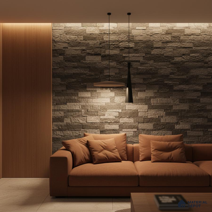 Modern living room with stone cladding accent wall and warm brown fabric sofa in Bengaluru