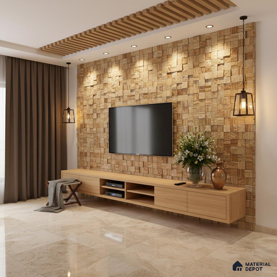 Modern living room with stone cladding accent wall, light oak laminate TV unit, and beige marble floor tiles in Bengaluru