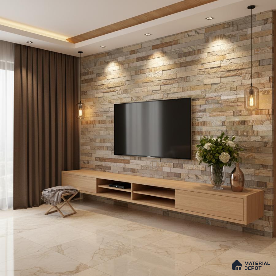 Modern living room with stone cladding accent wall, light oak laminate TV unit, and marble floor tiles in Bengaluru