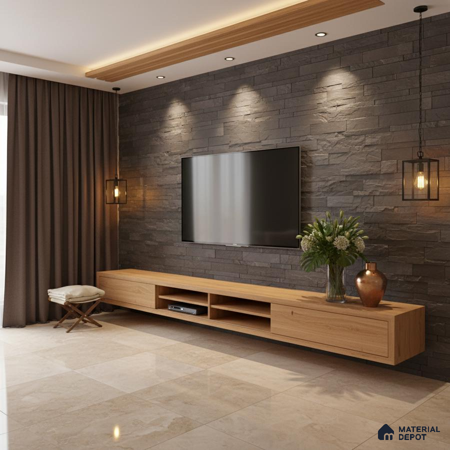 Modern living room with stone cladding accent wall, oak wood laminate TV unit, and beige marble floor tiles in Bengaluru