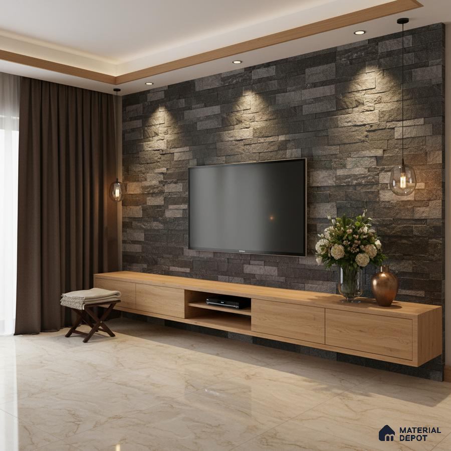 Modern living room with stone cladding TV wall and light oak laminate floating cabinet in Bengaluru