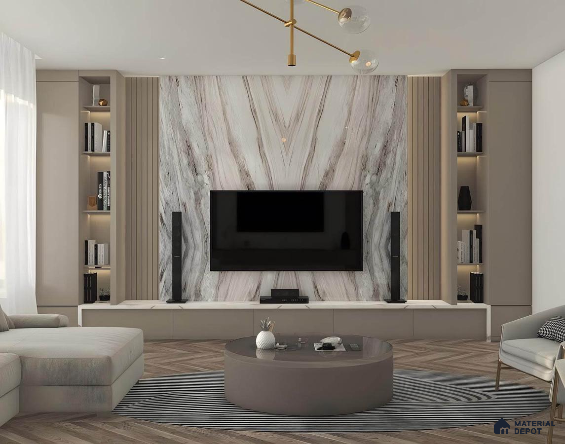 Modern Living Room with Striking Marble Feature Wall | Material Depot