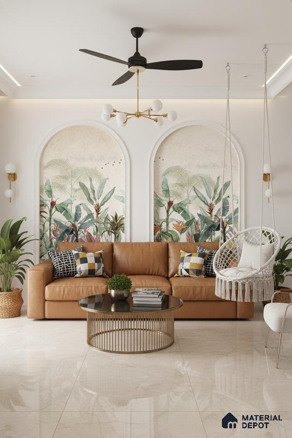 Modern living room with tan leather sofa, tropical wallpaper, and glossy beige marble floor tiles in Bengaluru