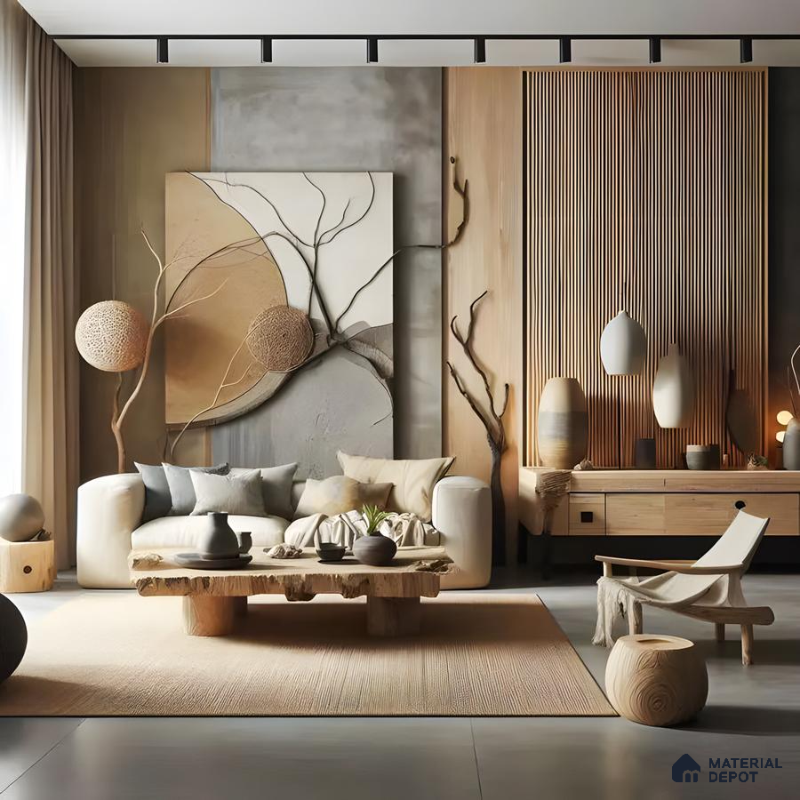 Modern Living Room with Textured Walls and Natural Elements | Material Depot